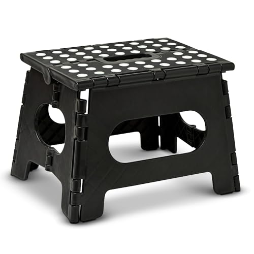Folding Step Stool - The Lightweight Step Stool is Sturdy Enough to Support Adults and Safe Enough for Kids. Opens Easy with One Flip. Great for Kitchen, Bathroom or Bedroom. (Black)
