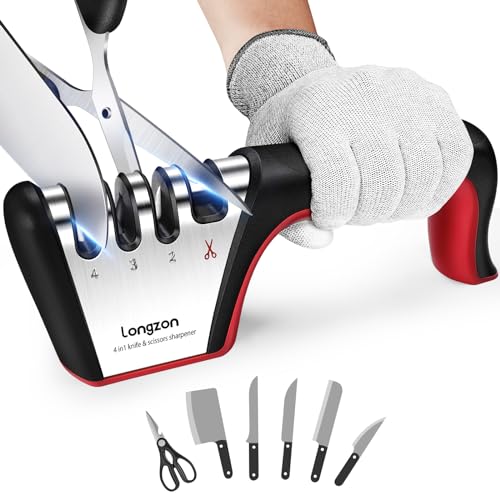 Longzon 4-in-1 Knife Sharpener [4 Stage] with a Pair of Cut-Resistant Glove, Original Premium Polish Blades, Best Kitchen Knife Sharpener Really Works for Ceramic and Steel Knives, Scissors.