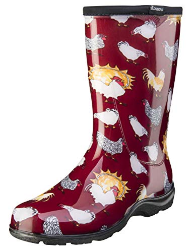 Sloggers Waterproof Garden Rain Boots for Women - Cute Mid-Calf Mud & Muck Boots with Premium Comfort Support Insole, (Chickens Barn Red), (Size 7)