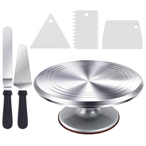 Cake Turntable, Ohuhu Aluminium 12'' Cake Decorating Kit Supplies Rotating Cake Stand Revolving Spinner Table Baking Kits with 2 Icing Spatula 3 Comb Icing Smoother Professional Lazy Susan Decor Gift