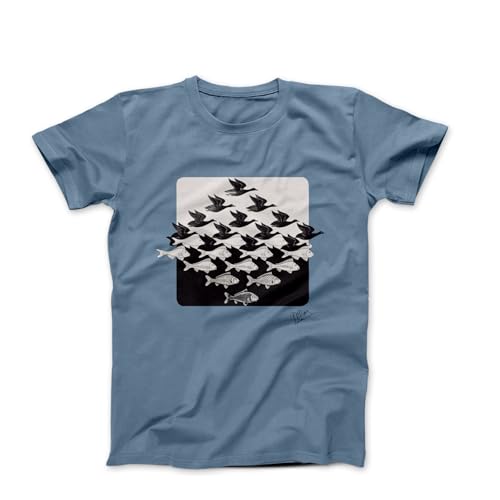 M.C. Escher Sky and Water (1938) Art Short-Sleeve T-Shirt (Steel Blue, Medium)