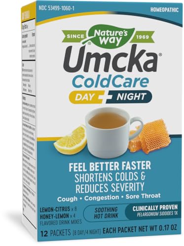 Nature's Way Umcka ColdCare Day+Night Homeopathic, Shortens Colds, Sore Throat, Cough, and Congestion, Phenylephrine Free, Lemon & Honey Flavors, 12 Packets Hot Drink Mixes