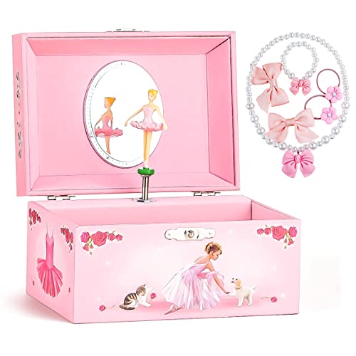 Girl's Musical Jewelry Storage Box with Spinning Ballerina Theme, Kids Musical Jewelry Box with Jewelry Set, Music Box for Little Girls Daughter Granddaughter Birthday Anniversary, Swan Lake Tune
