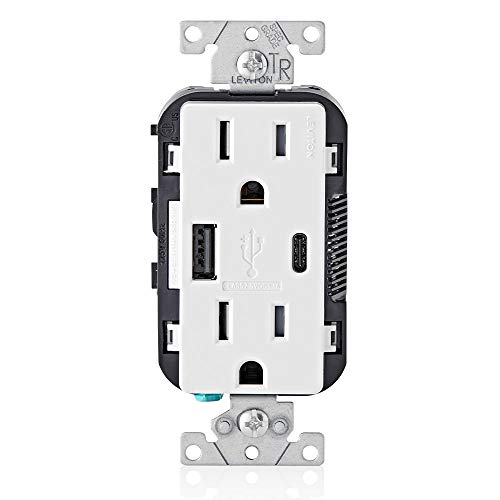 Leviton T5633-W Type A & Type-C USB In-Wall Charger with 15A Tamper-Resistant Outlet, USB Charger for Smartphones and Tablets, Not for Laptops, White