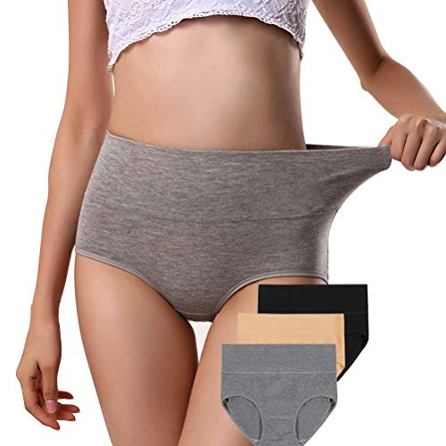 ANNYISON Womens Underwear 3 Pack, Soft Cotton High Waist Breathable Solid Color Briefs Panties for Women (Black +Beige + Grey, XXL)