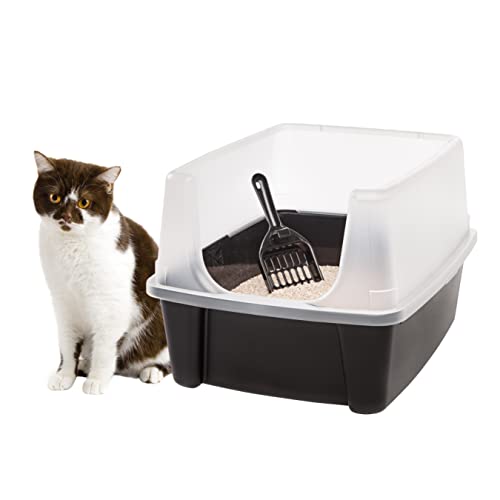 IRIS USA Open Top Cat Litter Tray with Scoop and Scatter Shield, Sturdy Easy to Clean High Sided Kitty Litter Pan with Tall Spray and Scatter Shield, Black/Clear