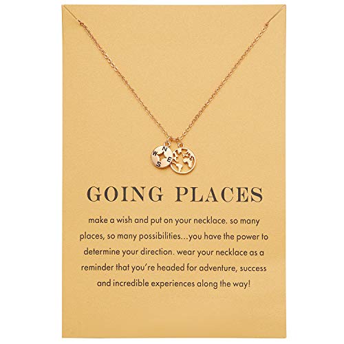 Zealmer Dainty Yellow Gold Plated Compass World Map Pendant Necklace Graduation Gift for Friends