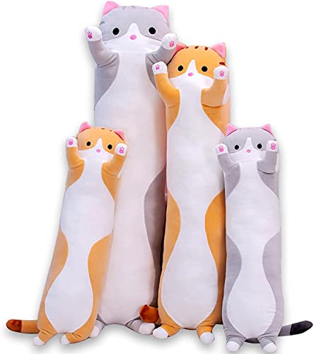 Cute Cat Plush Long Body Pillow Cuddle Cartoon Stuffed Animals Cat Plushie Soft Doll Pillows Gifts for Kids Girls (Orange, 19')