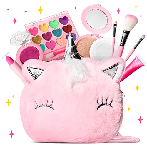 ULOVEME Kids Real Makeup Kit for Little Girls with Unicorn Bag - Real, Non Toxic, Washable Make Up Toy - Unicorn Toys Gift for 3 4 5 6 7 8 9 10 12 Years Old Girls Birthday