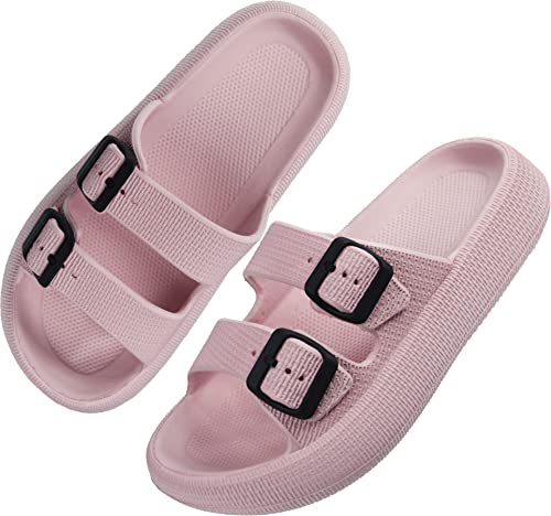 Women pillow Slippers slides Double Buckle EVA Flat Sandal Shower Shoes Bathroom Soft Thick Sole Gym House Slippers Pink Men Size 3.5 4.5 Women Size 5.5 6.5