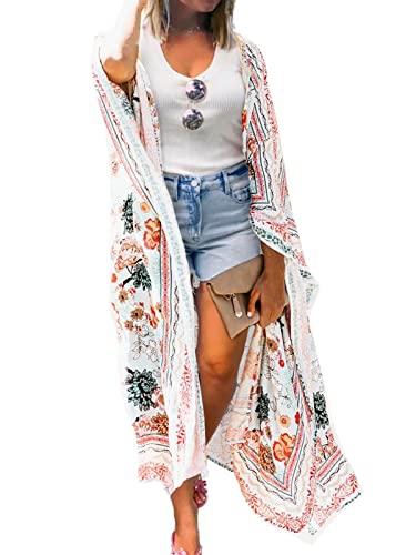 Flowy Long Floral Kimono Cover Up Tops Womens Summer Chiffon Cardigan Duster Beach Sheer Boho Resort Wear with Belt M