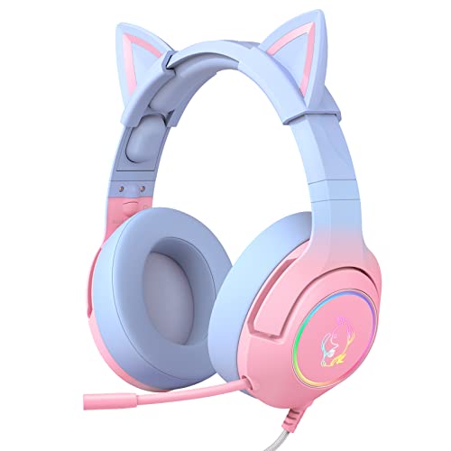 PHNIXGAM Gaming Headset for PS4, PS5, Xbox One(No Adapter), Cat Ear Headphones with Noise Cancelling Microphone, RGB Backlight, Surround Sound for PC, Mobile Phone, Gradient Pink Blue
