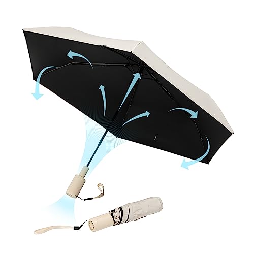 JISULIFE 2 IN 1 Umbrella with Fan, UPF 50+ Travel Umbrella for Sun & Rain, 2500mAh Portable Fan, Strong Windproof Umbrella and Umbrellas for Rain,Beach,Golf - Brown