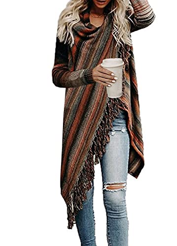 Women's Open Front Knited Tassels Slash Loose Cardigan Crew Neck Speckled Fringe Sweater Outwear