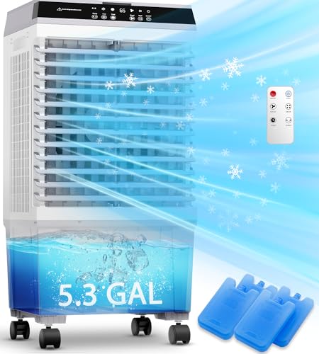 AKIRES Swamp Cooler,1800CFM Evaporative Air Cooler Portable with 5.3-Gal Water Tank,120° Wide Oscillation,4 Ice Packs,12-H Timer,Cooling Tower Fans that Blow Cold Air for Bedroom Indoor Room (31IN)