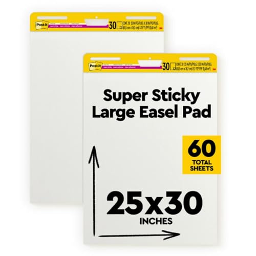 Post-it Super Sticky Easel Pad, 25 in x 30 in, White, 30 Sheets/Pad, 2 Pad/Pack, Large White Premium Self Stick Flip Chart Paper, Super Sticking Power (559)