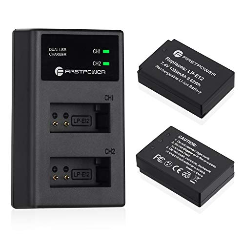 FirstPower 2-Pack LP-E12 Batteries and USB Dual Battery Charger Compatible with Canon EOS M, M2, M10, M50, M50 Mark II, M100, M200, Rebel SL1, PowerShot SX70 HS Digital Cameras