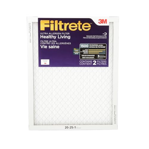 Filtrete 20x25x1 AC Furnace Air Filter, MERV 12, MPR 1500, CERTIFIED asthma & allergy friendly, 3 Month Pleated 1-Inch Electrostatic Air Cleaning Filter, 2-Pack (Actual Size 19.719x24.688x0.78 in)