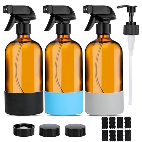 3 Pack Amber Glass Spray Bottles for Cleaning Solutions Hair Plant Essential Oi（16.9 Fl. Oz）Brown Home Essentials Empty Glass Mister Bottle with Silicone Case Spray & Lotion Pump Heads Label Cap