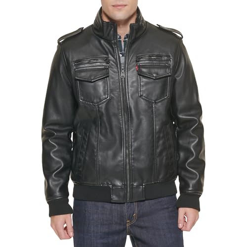 Levi's Men's Faux Leather Aviator Bomber Jacket (Regular & Big & Tall Sizes), Deep Black, XL