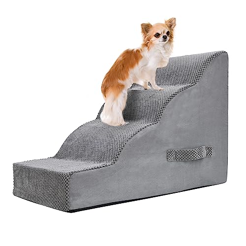 PAWSCRAT Dog Stairs 4 Steps, 19.6 inch High Pet Stairs, 30D Foam Dog Dtairs & Steps Curved Steps and Small Step Angle Protect Your Pet's Joints, Dog Steps for Small Dog, Dog Stairs to Bed, Gray