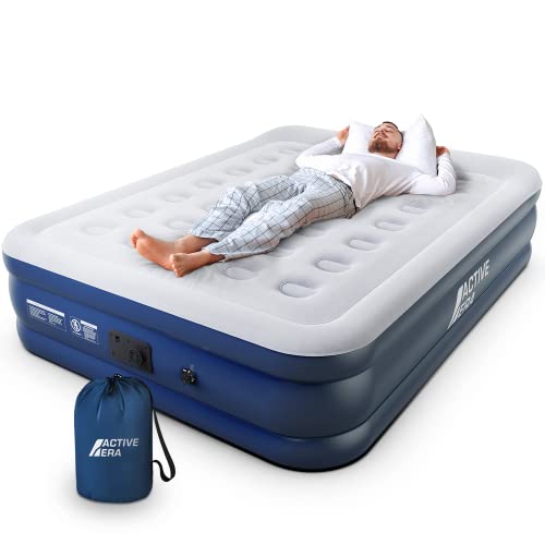 Active Era Premium Queen Air Mattress with Built in Pump, Raised Pillow, Puncture Resistant Waterproof Soft Top, Elevated Inflatable Bed for Guests, Queen Size Blow Up Mattress, Quick Electric Pump