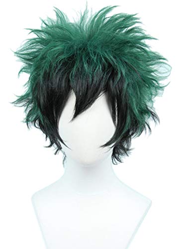 Linfairy Anime Cosplay Wig Short Black Green Halloween Costume Curly Wig