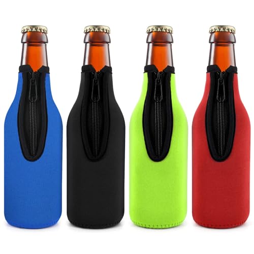 Beer Bottle Insulator Sleeve Different Color. Zip-up Bottle Jackets. Keeps Beer Cold and Hands Warm. Classic Extra Thick Neoprene with Stitched Fabric Edges, Enclosed Bottom (4-Pack)