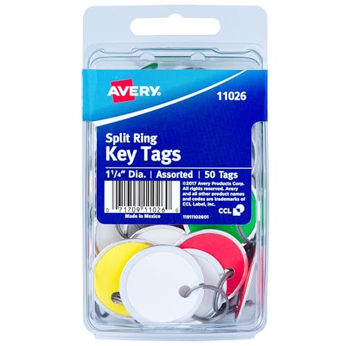 Avery Metal Rim Key Tags, 1.25' Diameter Tag, Metal Split Ring, Assorted Colors, 50 Tags (11026)
