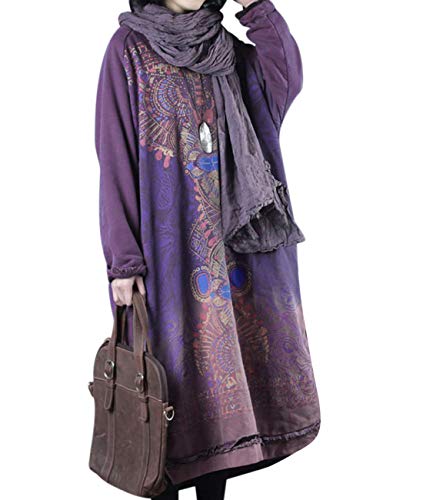 YESNO JGP Women Long Loose Fit Sweatshirt Dress Ombre Ethnic Printed 4/5 Sleeve Side Slit with Pockets Tunic Pullover JCJ (One Size JGP Purple)