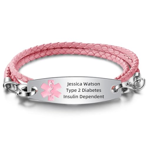 MAXZOOL Free Engraving Medical Alert Bracelets for Women with Pink Rolo Leather Rope | Medical ID Interchangeable Replacement Bracelet | Stainless Steel Personalized Medical ID Tag - 6.2 Inches