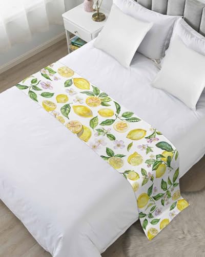 Lemon Bed Runner Scarf King Size,Luxury Bed Throw Runners & Scarves for Twin Full Queen King Foot of Bed,Bedroom Hotel Wedding Room Decoration,Spring Summer Tropical Floral Yellow Green Fruit 94'x20'