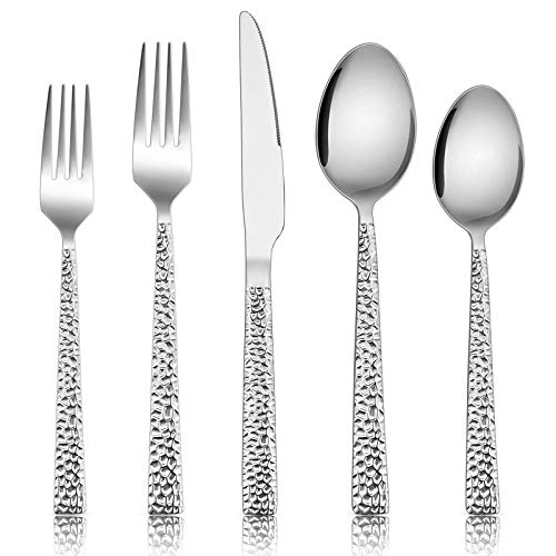 E-far Hammered Silverware Set, 40-Piece Stainless Steel Square Flatware Set for 8, Metal Tableware Cutlery Set Includes Dinner Knives/Forks/Spoons, Modern Design & Mirror Polished - Dishwasher Safe