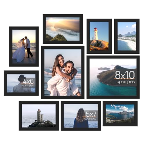upsimples 10 Pack Picture Frames Collage Wall Decor, Gallery Wall Frame Set for Wall Mounting or Tabletop Display, Multi Sizes Including 8x10, 5x7, 4x6 Family Photo Frames, Black