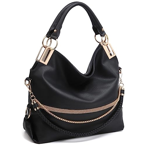 Dasein Purses for Women Vegan Leather Handbags Rhinestones Hobo Bags Tote Purse Shoulder Bag Ladies Handbag (Black)