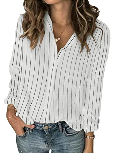 Karlywindow Womens Button Down V Neck Shirts Long Sleeve Casual Striped Summer Beach Office Work Business Blouses Tops