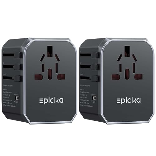 EPICKA 2 Pack Universal Travel Adapter, International Plug Adapter with 4 USB-A & 1 USB-C Ports, Travel Power Adapter Worldwide, All-in-One Wall Charger for US to EU UK AUS (Black)