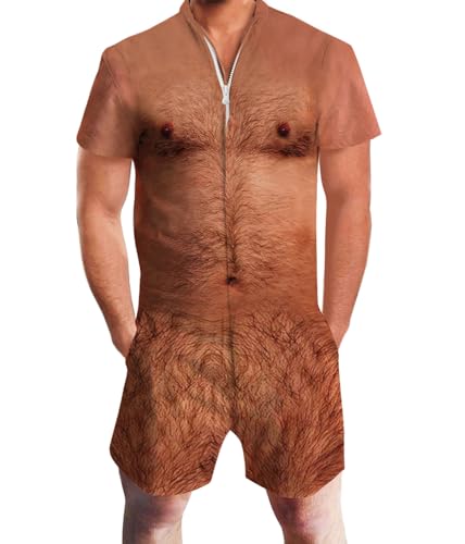 RAISEVERN Men's Romper Hairy Chest Ugly Body One Piece Zipper Jumpsuit Funny Pockets Shorts for Party Travel Beach Outfits (S)