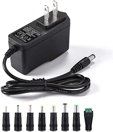 12V 2A AC Adapter Charger Replacement with 8 Tips, Regulated 12 Volts 2000mA Power Supply Cord for LED Strip Light, CCTV Camera, BT Speaker, GPS, Webcam, Router, DC12V Transformer (6ft)