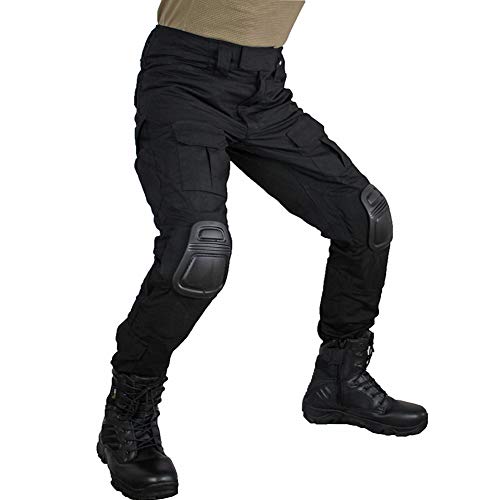 Men's Multicam Tactical Pants Multi-Pockets Military Camo Outdoor Airsoft Combat Hunting Pants with Knee Pads (Black,Tag 34)