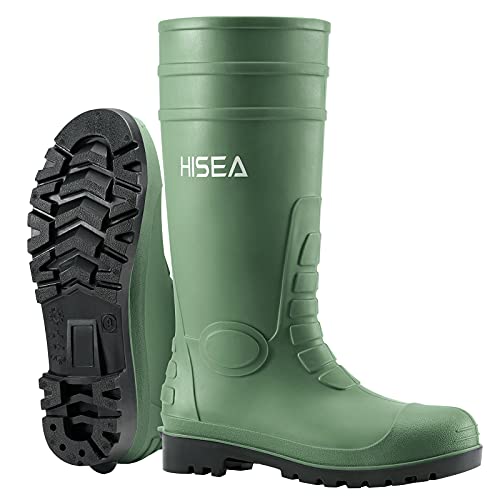 HISEA Men's Steel Toe Work Boots PVC Rain Boots, Rubber Garden Fishing Boots for Men, Waterproof and Slip Resistant Knee Boots for Agriculture and Industrial Working Size 10
