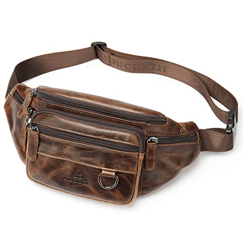 Genuine Leather Fanny Pack Well Made Durable Leather Waist Bag with Lots of Zipper Pockets Waxed Brown