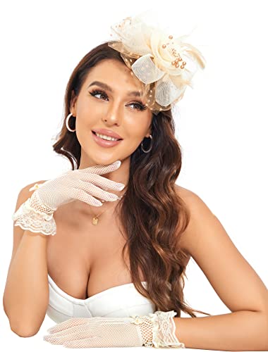 Kentucky Derby Hats Clip Hat Wedding Cocktail Fascinators Tea Party Headwear and Short Lace Bowknot Gloves for Women (102 Beige Brown)