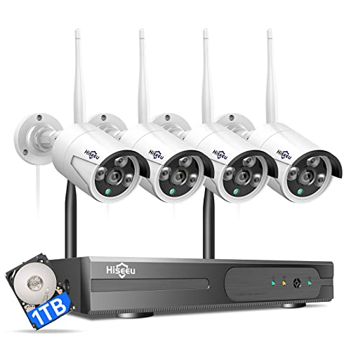 [Wireless Pro, 100ft Range] Hiseeu Wireless Security Camera System, Expandable 16CH 4K NVR, 4Pcs 3MP Night Vision WiFi Cameras Home Surveillance Outdoor, Motion Detection, 1TB HDD, One-Way Audio