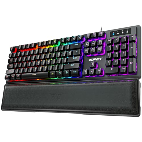 NPET K10V3 Wired Gaming Keyboard and Wrist Rest, RGB 10 Zone Backlit, Spill-Resistant Design, Quiet Silent USB Membrane Keyboard and Wrist Support for Desktop, Computer, PC (Black)