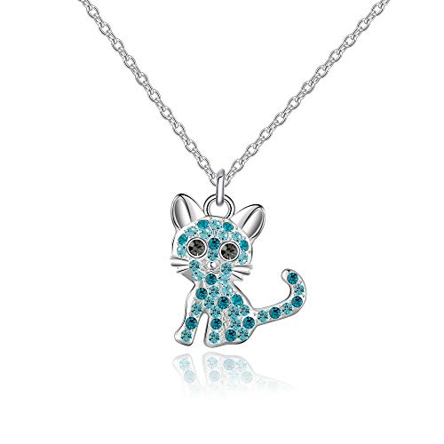 luomart Girls Cat Birthstone Necklaces Jewelry,Silver Plated Kitty Dog Pendant Gifts Set for Women Boys Men (Girls Aqua)