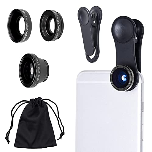 Universal 3 in 1 Cell Phone Camera Lens Kit for Smartphones Including - Fish Eye Lens / 2 in 1 Macro Lens & Wide Angle Lens/Universal Clip/Carry Pouch/Microfiber Cleaning Cloth