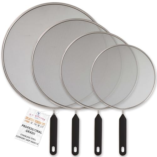 U.S. Kitchen Supply Set of 4 Classic Splatter Screens, 13', 11.5', 10', and 8' - Stainless Steel Fine Mesh, Comfort Grip Handles - Use on Boiling Pots Frying Pans - Grease Oil Guard, Safe Cooking Lid