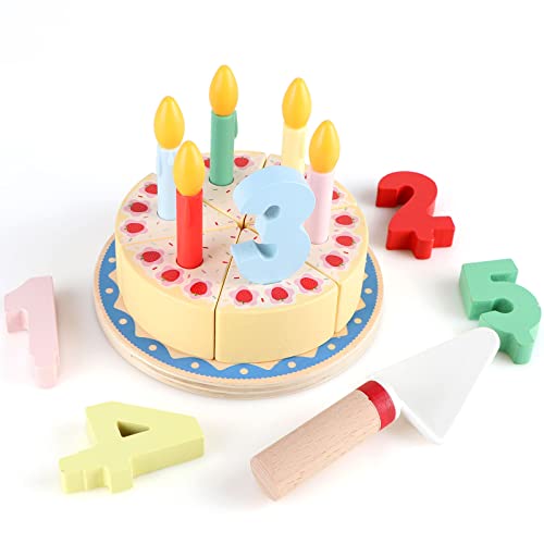 Steventoys Wooden Cutting Birthday Cake Toys,Birthday Fake Cake Toy with Candles and Numbers, Pretend Play Food Set ,Montessori Tea Party Toys Learning Kitchen Toys for Boys Girls 1-6 Years
