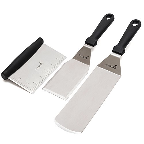 Metal Spatula Stainless Steel and Scraper - Professional Chef Griddle Spatulas Set of 3 - Heavy Duty Accessories Great for Cast Iron BBQ Flat Top Grill Skillet Pan - Commercial Grade